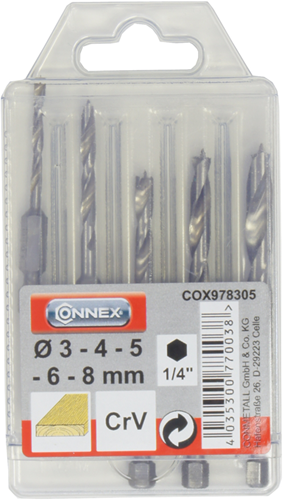 Connex-Set Holzbohrer 3–8 mm, 6 Karat, 5 Stück, Rot – Cox978305