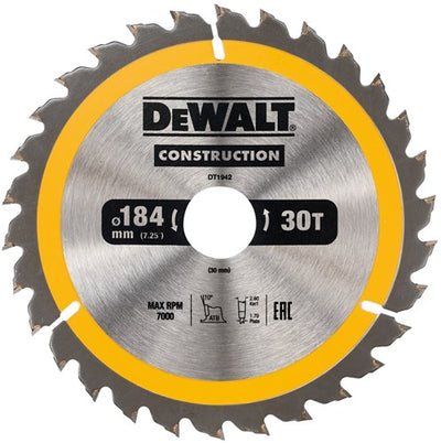 Dewalt Zubehör Kreissägeblatt 184 x 30 x 30 Zähne, positiv 10°, Kerbe 2,6 mm – dt1942-qz