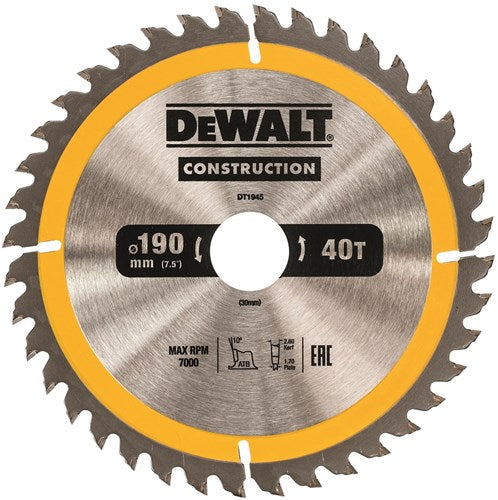 Dewalt Zubehör Kreissägeblatt 190 x 30 x 40 Zähne, positiv 10°, Kerbe 2,6 mm – dt1945-qz