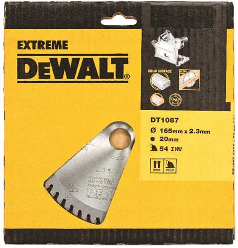 Dewalt-Zubehör Kreissägeblatt (Akku-Tauchsäge), 165 x 20 x 54 Zähne, trapezförmig modifiziert, Kerbe 2,0 mm, harte Materialien, Verbundkunststoffe – dt1087-qz
