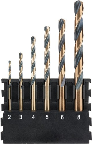 Dewalt-Zubehörhalter + schwarzgoldene Metallbohrer mit rundem Schaft | 6 Stück | 2 mm, 3 mm, 4 mm, 5 mm, 6 mm, 8 mm – dt70828-qz – dt70828-qz
