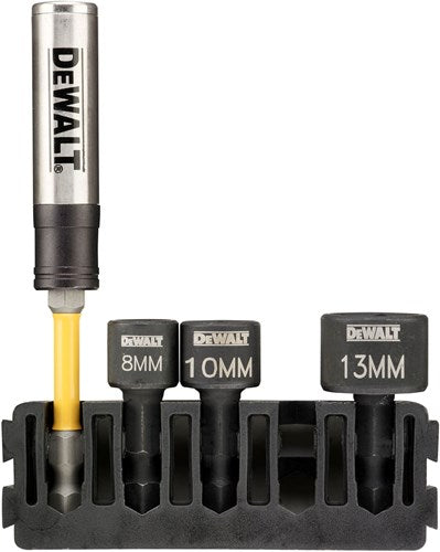 Dewalt-Zubehörhalter + magnetische Innensechskant-Steckschlüsseleinsätze | 5 Stück | 8 mm, 10 mm, 13 mm + Flextorq-Schraubenführung – dt70826-qz