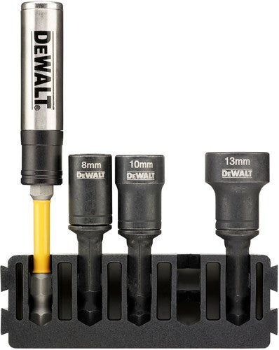 Imp Dewalt Zubehörhalter + magnetische Innensechskant-Steckschlüsseleinsätze (reinigbar) | 5 Stück | 8 mm, 10 mm, 13 mm + Flextorq-Schraubenführung – dt70827-qz