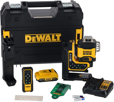 Dewalt dcle34035d1-qw Kreuzlinienlaser | 3x360° | grüner Strahl | + Fernbedienung | 18 Volt | 2,0 Ah Li-Ion + Ladegerät – dcle34035d1-qw