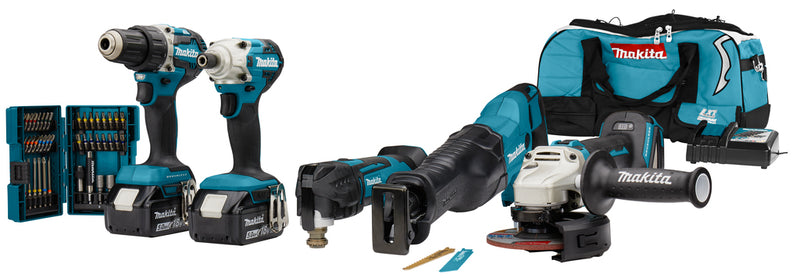 Makita dlx5068tx1 | 18-V-Kombi-Set | ddf484 | dtd156 | dga504 | djr186 | dtm51 | 5,0 Ah Batterien (2 Stk.) | Bit gesetzt | Schnellladegerät | Tasche - dlx5068tx1