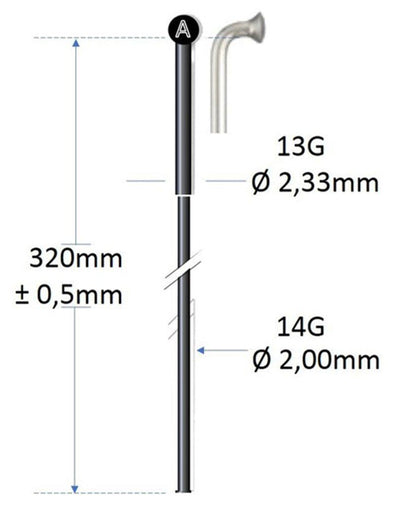 Alpina Speiche schwarz Edelstahl 13g 320mm ø2.00mm für Speichenmaschine p 100