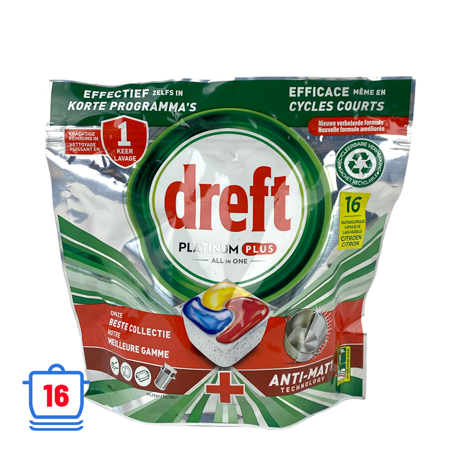 Dreft Spülmaschinentabs Platinum Plus All-in-One Anti-Matt-Zitrone 16 Stück
