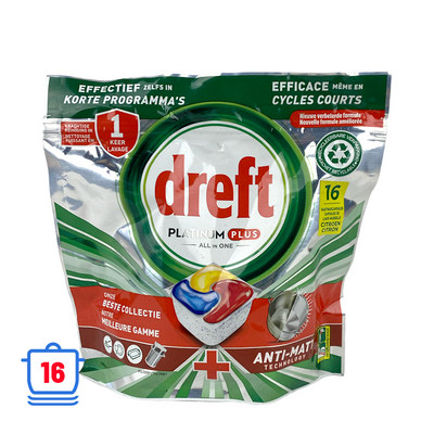 Dreft Spülmaschinentabs Platinum Plus All-in-One Anti-Matt-Zitrone 16 Stück