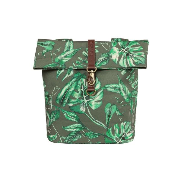 Basil Ever-Green Doppel-Fahrradtasche, recyceltes PET, wasserabweisender Faltverschluss, veganes Leder, 28-32L, Thymiangrün