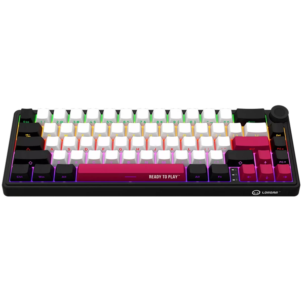 Lorgar kbp70mw, Gaming-Tastatur (schwarz, US-Layout, logar toxic purple, 65 %, RGB, Hot-Swap-fähig, PBT Double-Shot, Bluetooth 2,4 GHz USB)