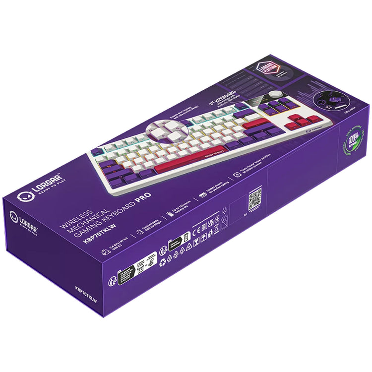 Lorgar kbp70tklw, Gaming-Tastatur (weiß, US-Layout, logar toxic purple, TKL, RGB, Hot-Swap-fähig, PBT Double-Shot, Bluetooth 2,4 GHz USB)