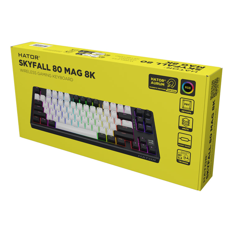 Hator Skyfall Mag Ultima 8K Wireless, Gaming-Tastatur (schwarz, US-Layout, Hator Aurum Ice, 80 % (TKL), RGB, Double-Shot PBT, Hot-Swap, 2,4 GHz Bluetooth USB-C)