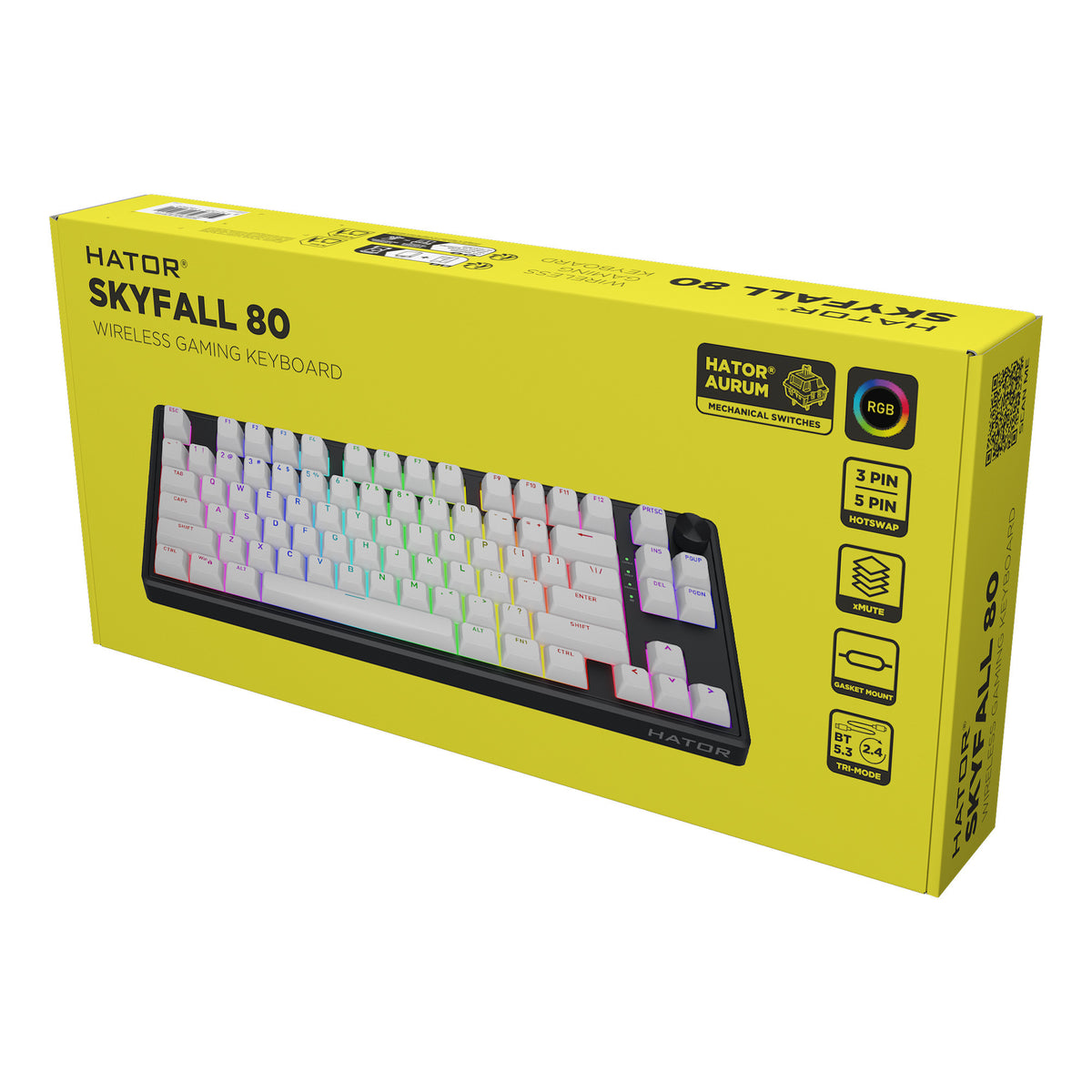 Hator Skyfall Wireless, Gaming-Tastatur (Schwarz, US-Layout, Hator Aurum Lemon, 80 % (TKL), RGB, Double Shot ABS, Hot-Swap, 2,4 GHz Bluetooth USB-C)