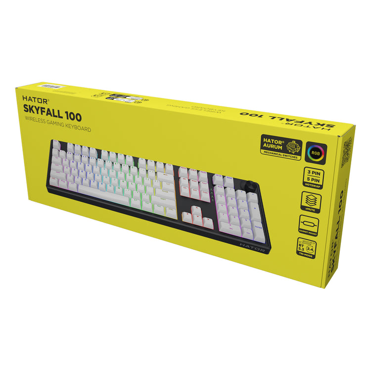 Hator Skyfall Wireless, Gaming-Tastatur (schwarz, US-Layout, Hator Aurum Lemon, RGB, Double Shot ABS, Hot-Swap, 2,4 GHz Bluetooth USB-C)