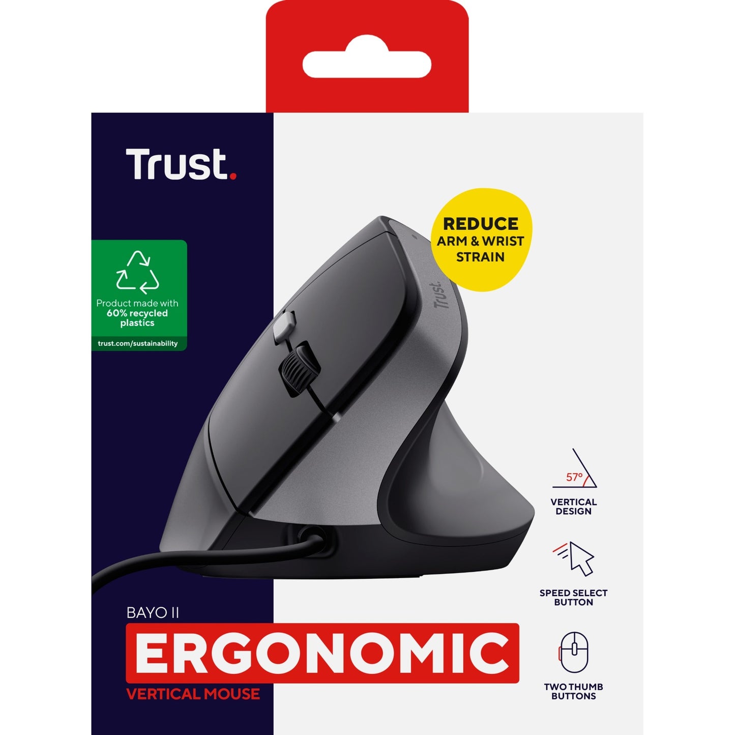 Ergonomische Maus Trust Bayo II (schwarz, 800 dpi – 2.400 dpi)