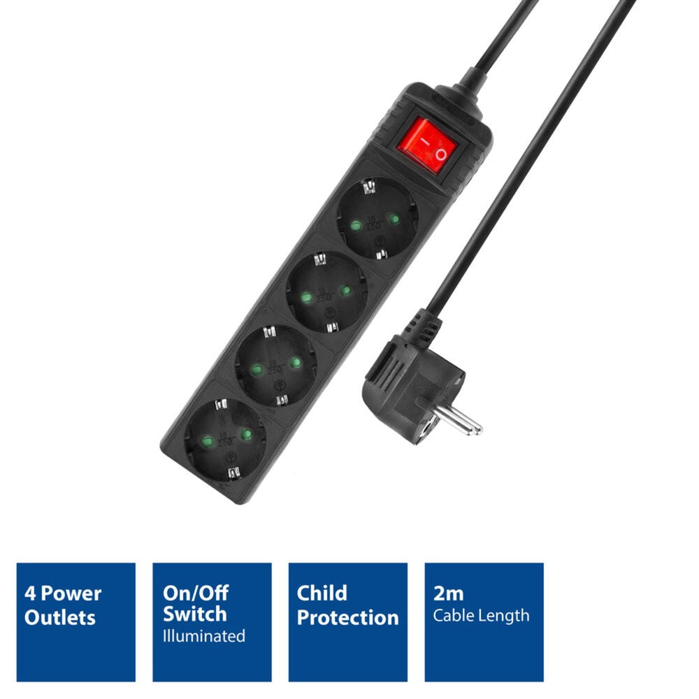 Act Socket mit Switch, 4 Sockets, 2 m, schwarz