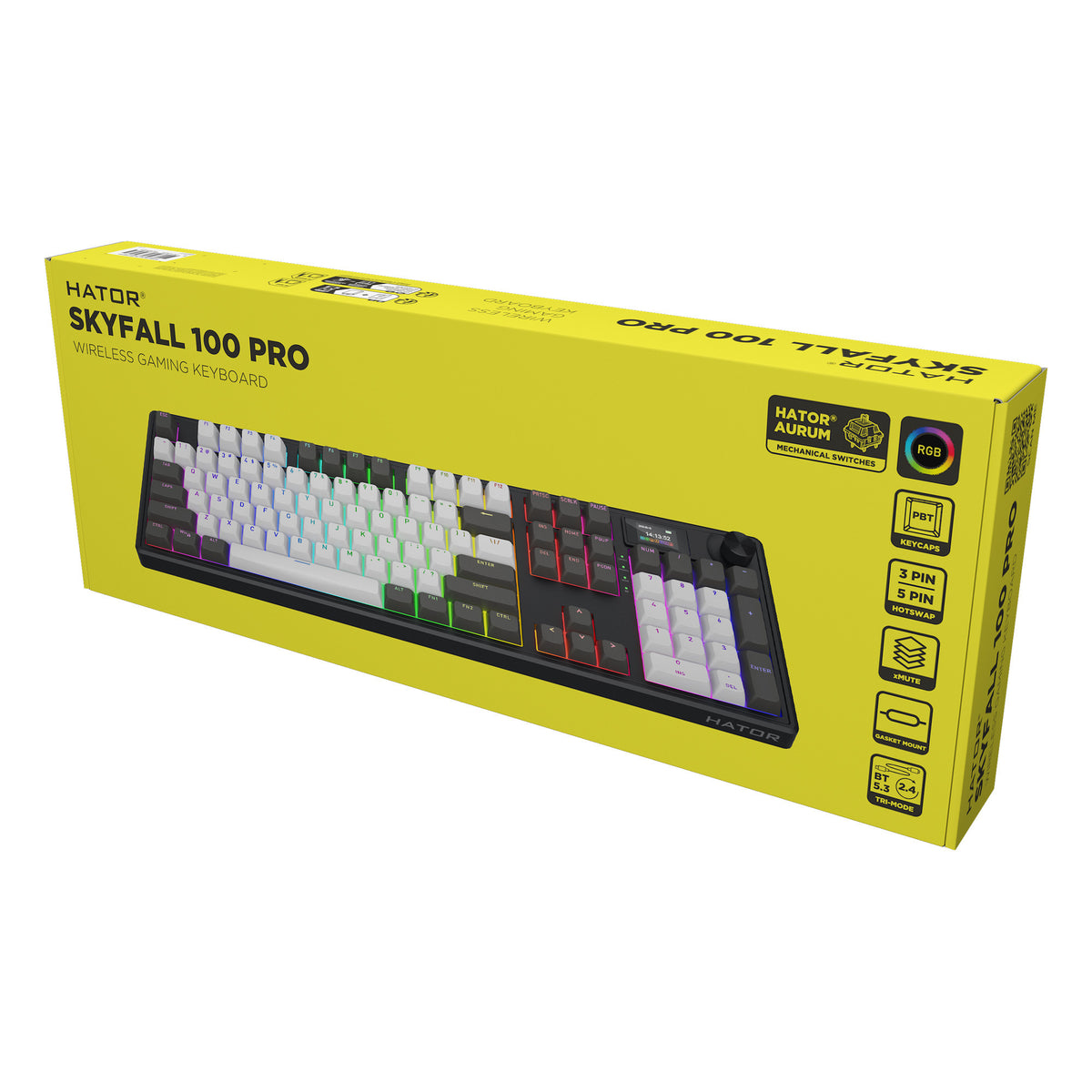 Hator Skyfall Pro Wireless, Gaming-Tastatur (schwarz, US-Layout, Hator Aurum Vanilla Silent, RGB, Double-Shot PBT, Hot-Swap, 2,4 GHz Bluetooth USB-C)