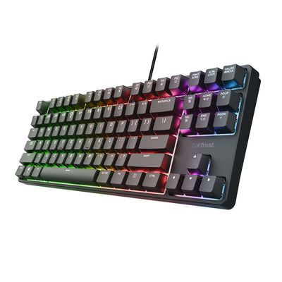 Trust GXT 864 Cada Kompakte mechanische TKL-Gaming-Tastatur, Gaming-Tastatur (Schwarz, US-Layout, Huano Brown, RGB)
