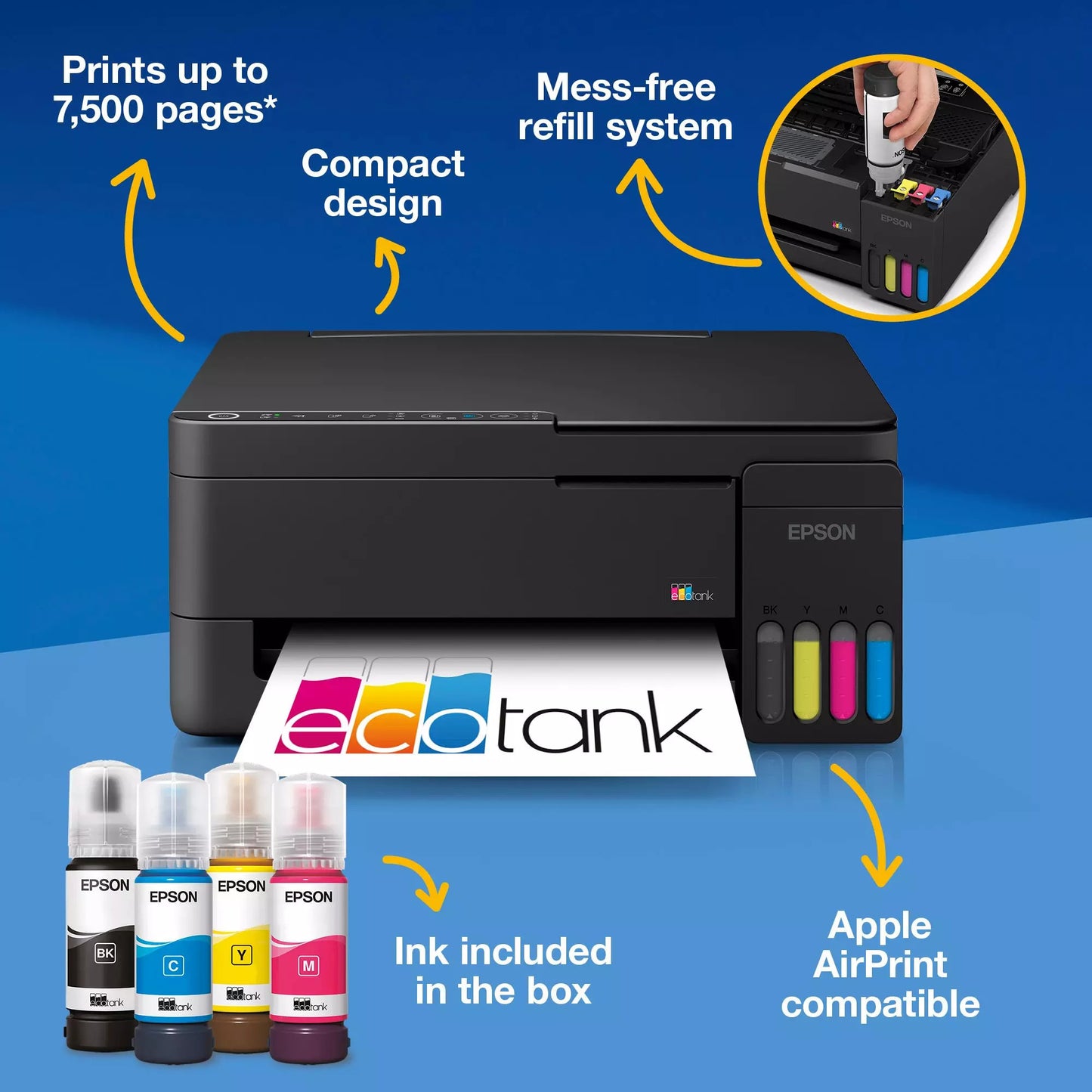 Epson Ecotank et-2912 All-in-One-Tintenstrahldrucker (Schwarz, Scannen, Kopieren, WLAN, inklusive bis zu 3 Jahre Tinte, C11cl62406)