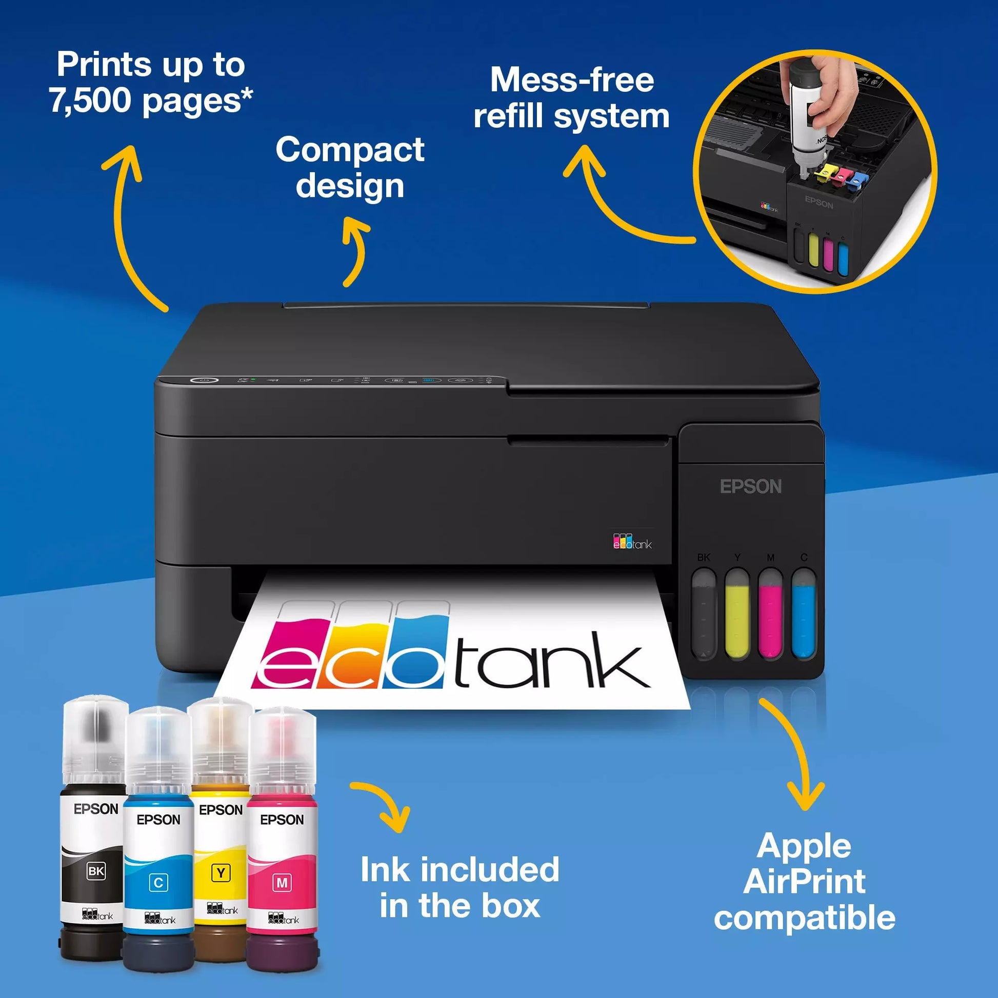 Epson Ecotank et-2912 All-in-One-Tintenstrahldrucker (Schwarz, Scannen, Kopieren, WLAN, inklusive bis zu 3 Jahre Tinte, C11cl62406)