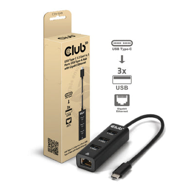 Club 3D USB-C 5 Gbit/s auf 3 Ports USB Typ-A Hub mit Gigabit-Ethernet-Adapter (schwarz)