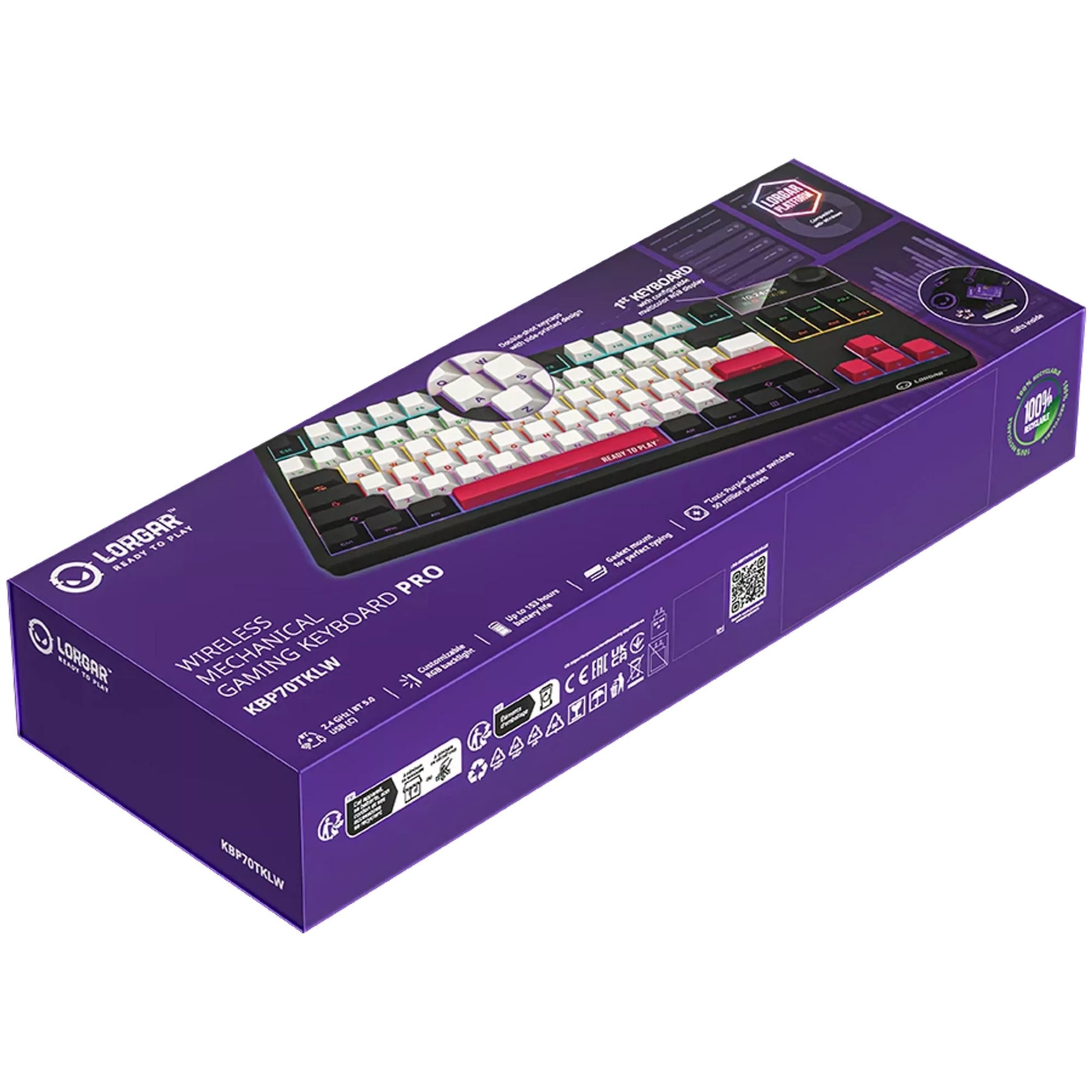 Lorgar kbp70tklw, Gaming-Tastatur (schwarz, US-Layout, logar toxic purple, TKL, RGB, Hot-Swap-fähig, PBT Double-Shot, Bluetooth 2,4 GHz USB)