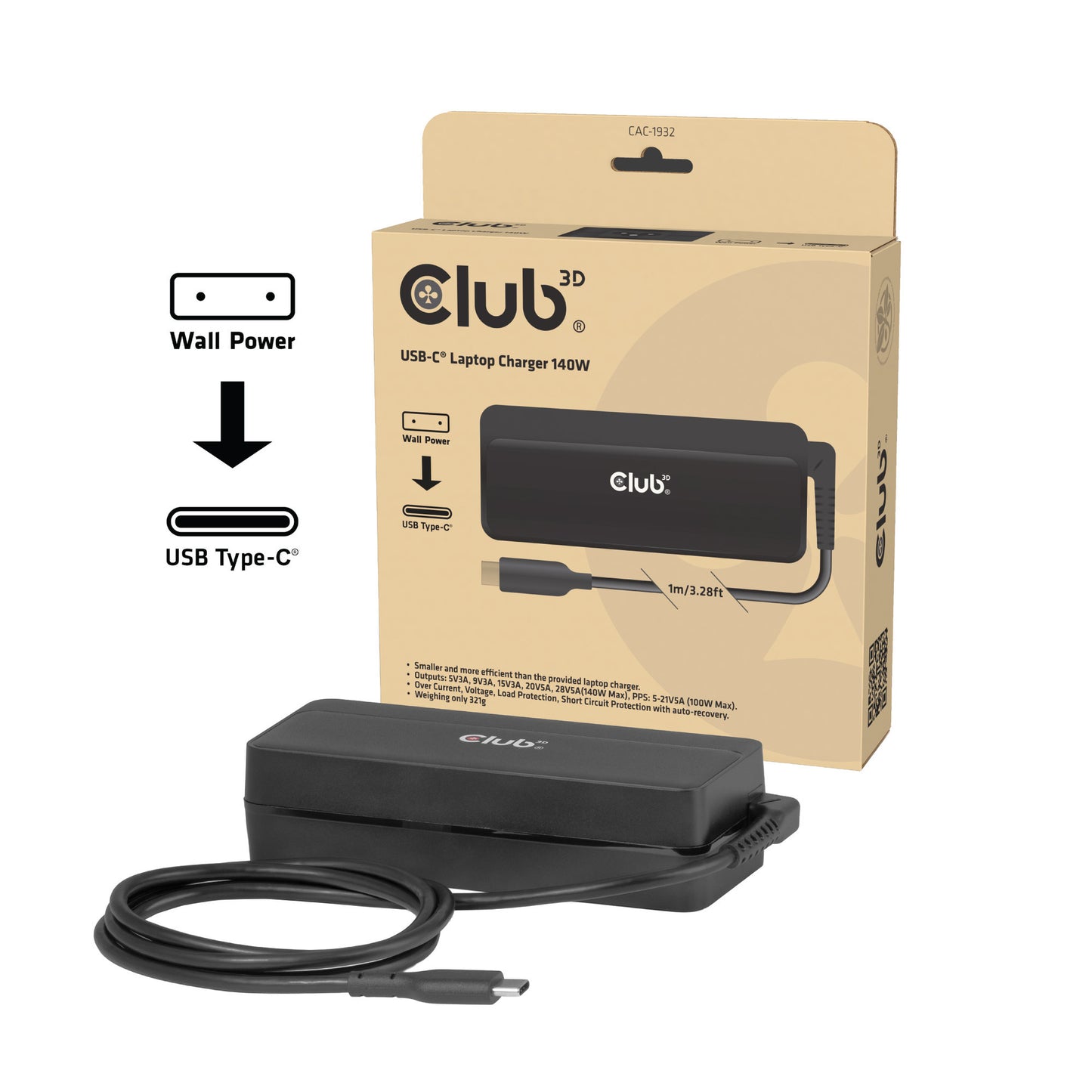 Club 3D USB-C Laptop-Ladegerät 140 W, 1 Meter (schwarz)