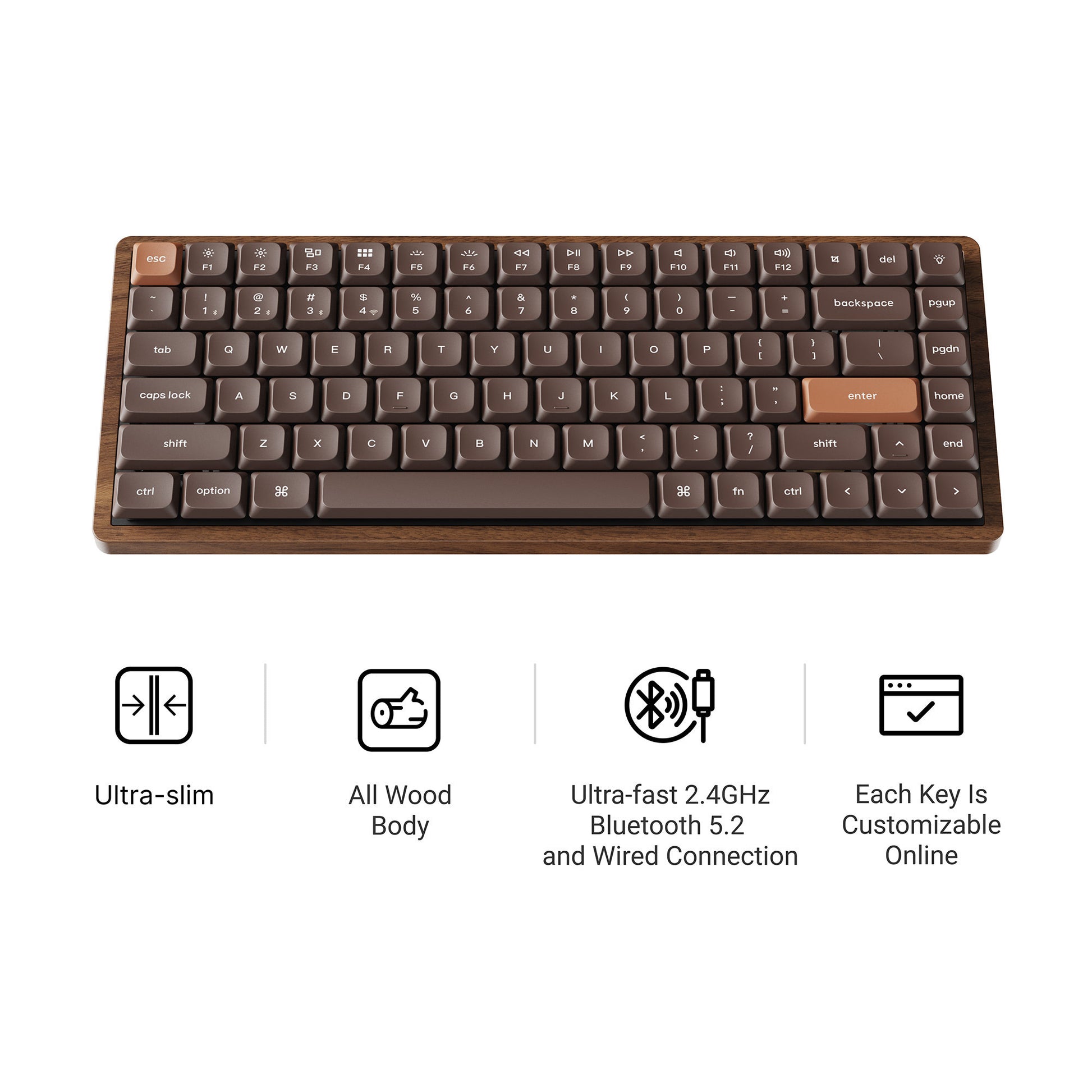 Keychron K3 Max-H1W Vollholz-Sonderedition mechanische RGB-Tastatur (Holzfarbe, US-Layout (QWERTY), Milk Pom Red, 75 %, RGB-LEDs, Double-Shot-PBT, Hot-Swap, 2,4 GHz | Bluetooth 5.1 | USB-C)