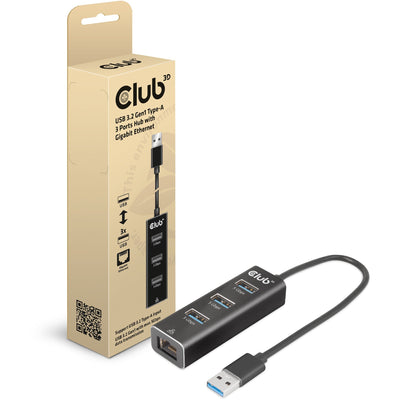 Club 3D USB 3.2 Gen1 Typ-A, 3 Ports Hub mit Gigabit-Ethe