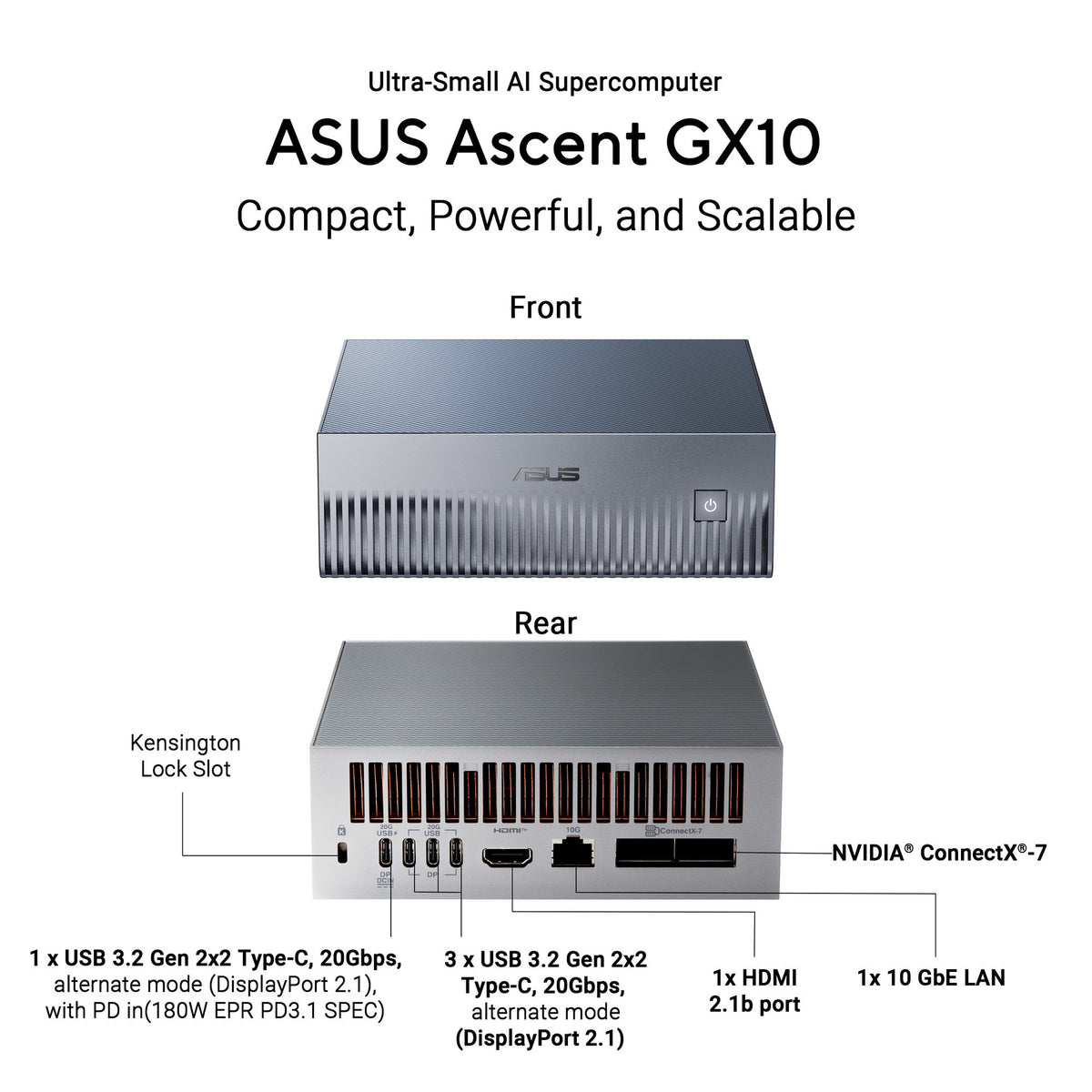 Asus Ascent GX10 Arm V9.2-A 128 1 Mini-PC (Dunkelgrau | NVIDIA GB10 Grace Blackwell | DGX Spark | NVLINK-C2C | 128 GB | 1 TB SSD)