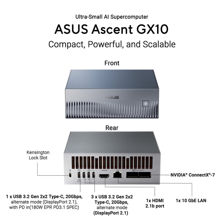 Asus Ascent GX10 Arm V9.2-A 128 1 Mini-PC (Dunkelgrau | NVIDIA GB10 Grace Blackwell | DGX Spark | NVLINK-C2C | 128 GB | 1 TB SSD)