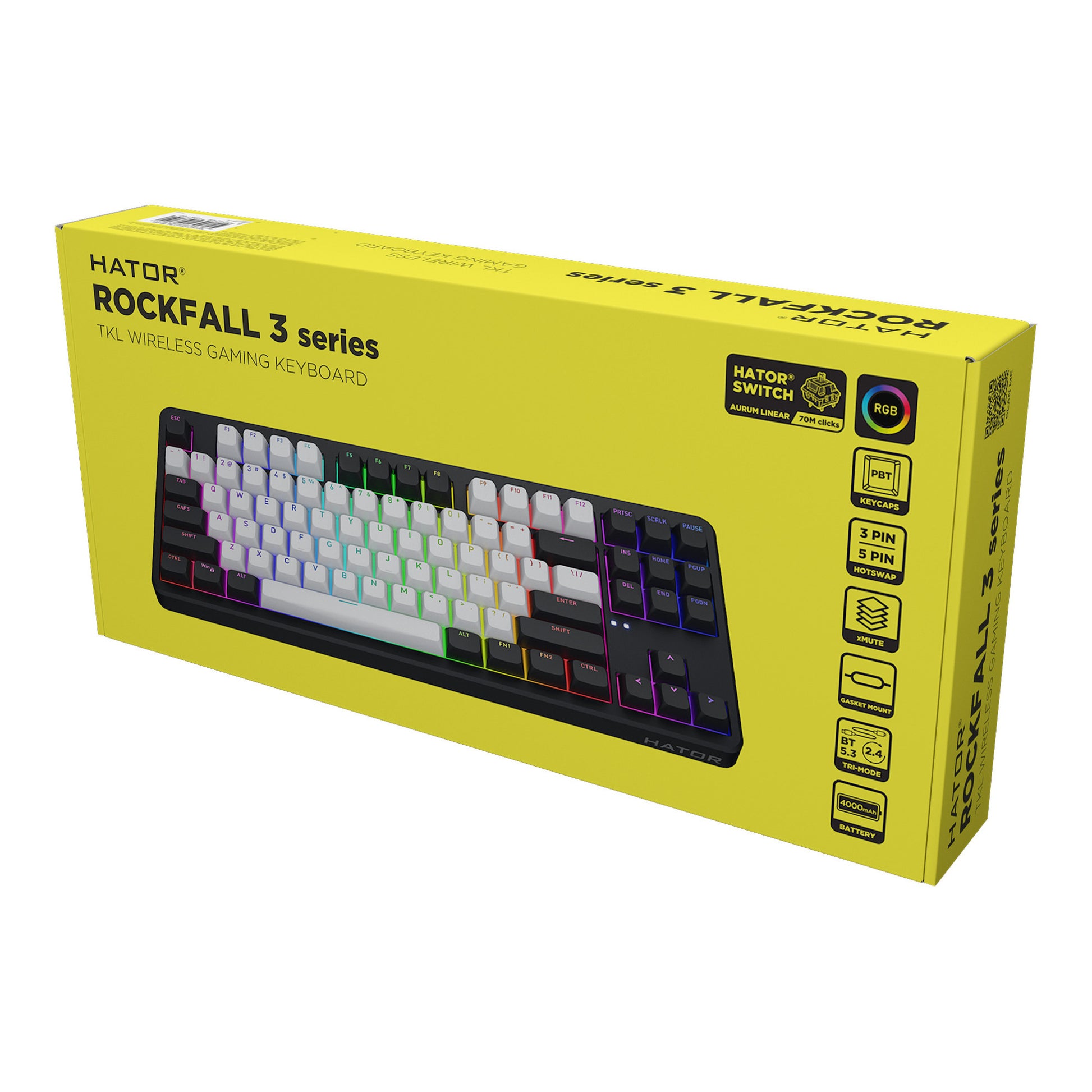 Hator Rockfall 3 TKL Wireless, Gaming-Tastatur (Schwarz, US-Layout, RGB, PBT-Tastenkappen, Hot Swap, 2,4 GHz Bluetooth USB-C)