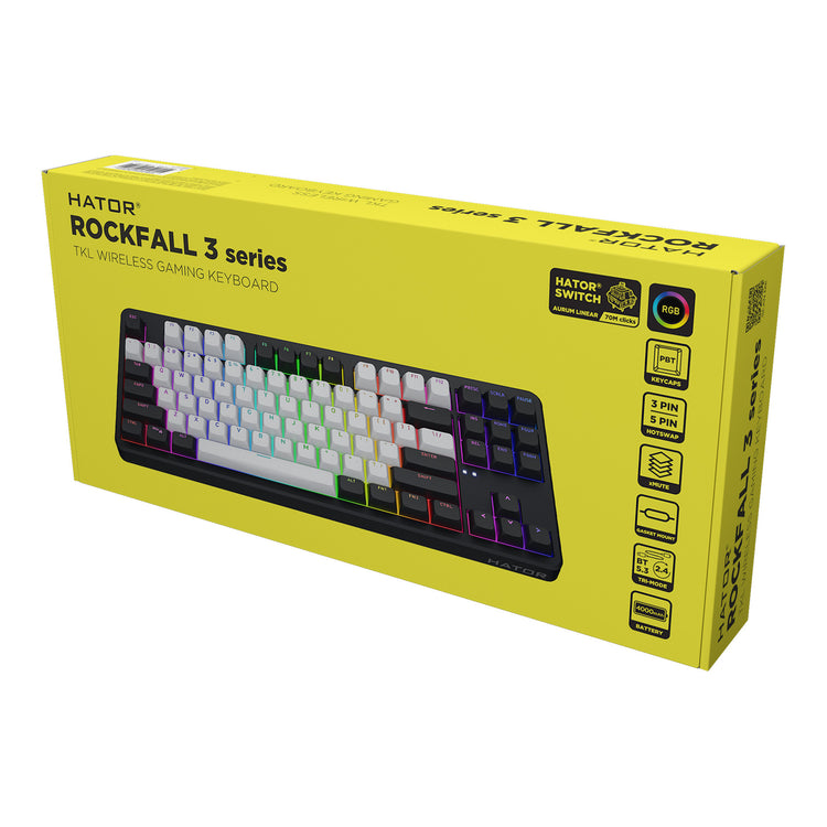 Hator Rockfall 3 TKL Wireless, Gaming-Tastatur (Schwarz, US-Layout, RGB, PBT-Tastenkappen, Hot Swap, 2,4 GHz Bluetooth USB-C)