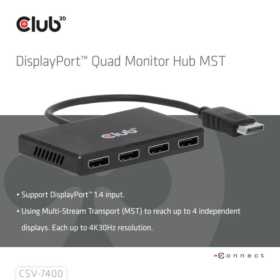 Club 3D DisplayPort Quad Monitor Hub MST 4x 4K30Hz DisplayPort Splitter (Schwarz)