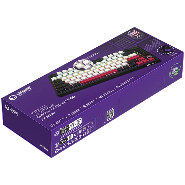 Lorgar kbp7075w, Gaming-Tastatur (schwarz, US-Layout, logar toxic purple, 75 %, RGB, Hot-Swap-fähig, PBT Double-Shot, Bluetooth 2,4 GHz USB)