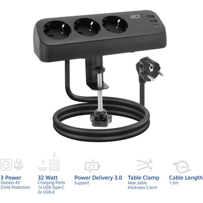 Act Connectivity-Steckdosenleiste mit 3 Typ-F-Buchsen (schwarz, 30 W Stromversorgung, USB-Typ-C-A-Anschlüsse)