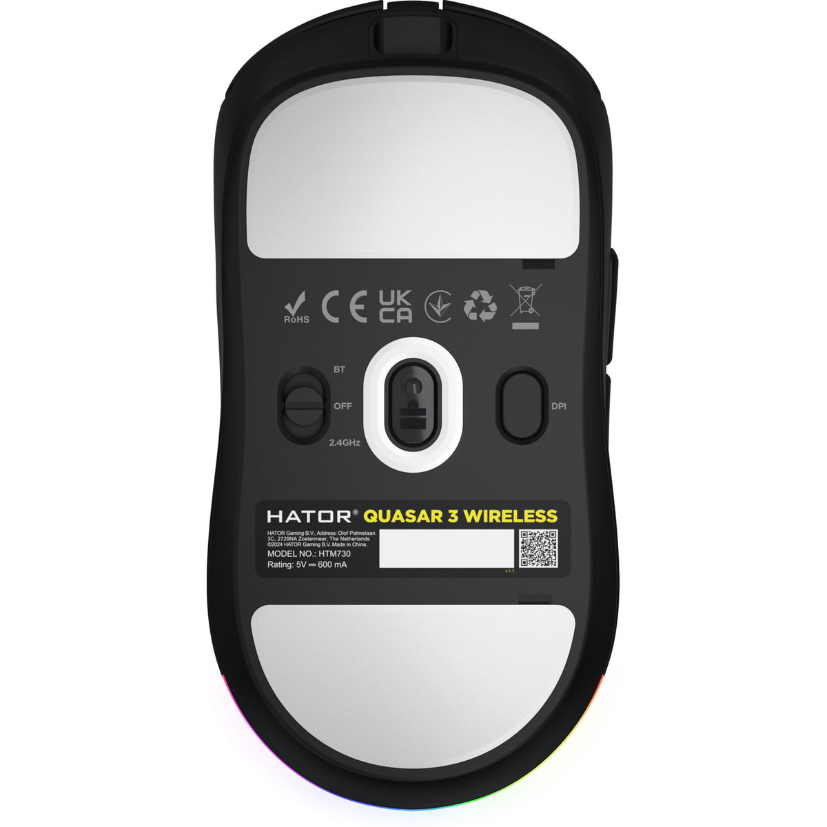 Hator Quasar 3 kabellose Gaming-Maus (schwarz, 400–12.000 dpi, RGB, 2,4 GHz Bluetooth 5.1 USB)