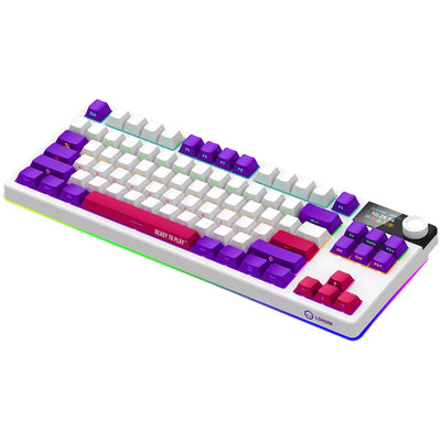 Lorgar kbp70tklw, Gaming-Tastatur (weiß, US-Layout, logar toxic purple, TKL, RGB, Hot-Swap-fähig, PBT Double-Shot, Bluetooth 2,4 GHz USB)
