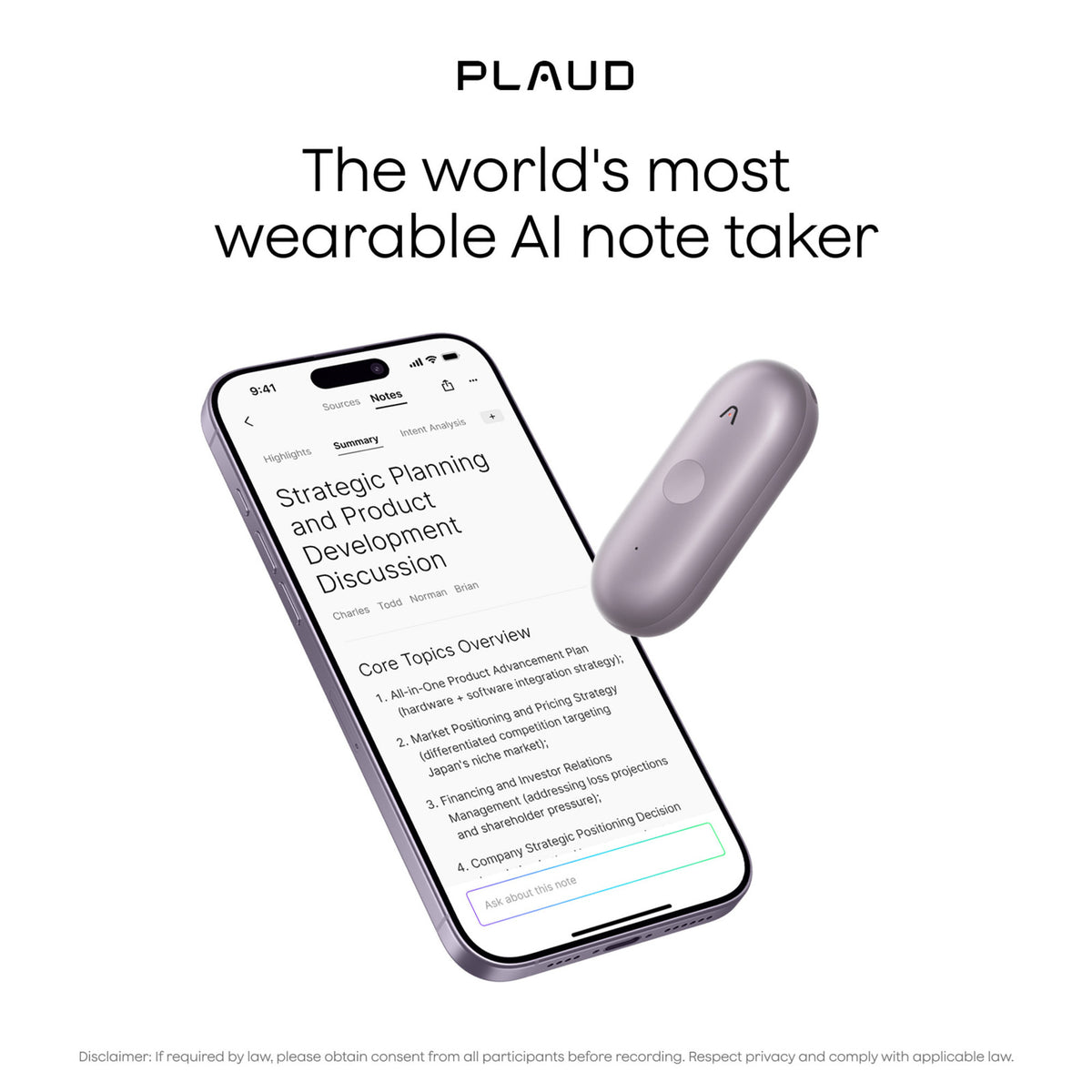 Plaud Notepins Diktiergerät (lila, 64 GB, Bluetooth 5.2 BLE (Bluetooth Low Energy) Wi-Fi)