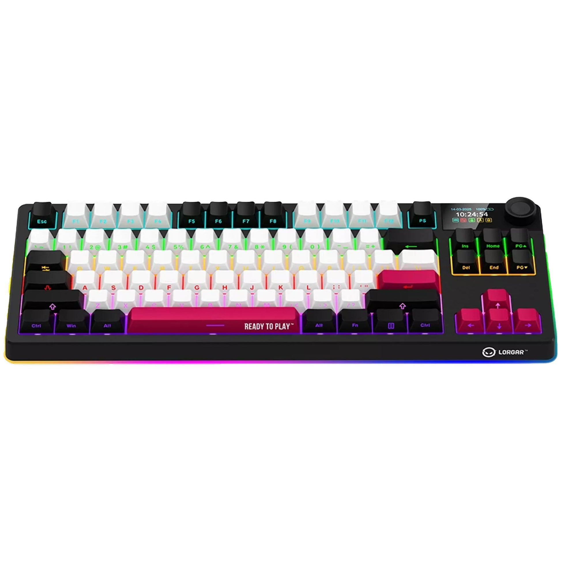 Lorgar kbp70tklw, Gaming-Tastatur (schwarz, US-Layout, logar toxic purple, TKL, RGB, Hot-Swap-fähig, PBT Double-Shot, Bluetooth 2,4 GHz USB)