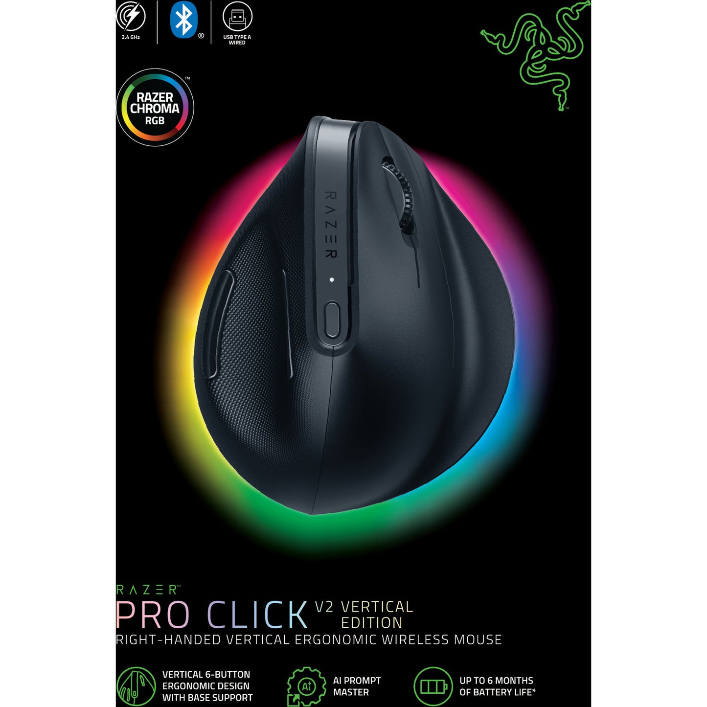 Vertikale Gaming-Maus Razer Pro Click V2 (schwarz, bis zu 30.000 dpi, USB-C Bluetooth 2,4 GHz)