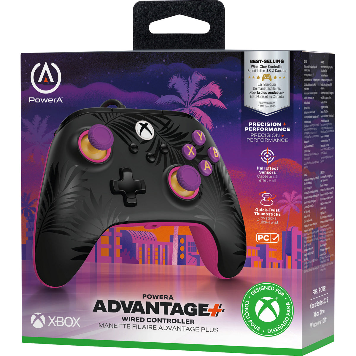 Powera Advantage Plus kabelgebundener Controller für Xbox Series X|s – Palmen im Mondlicht (Rosa, Xbox Series X|s, Xbox One, PC)