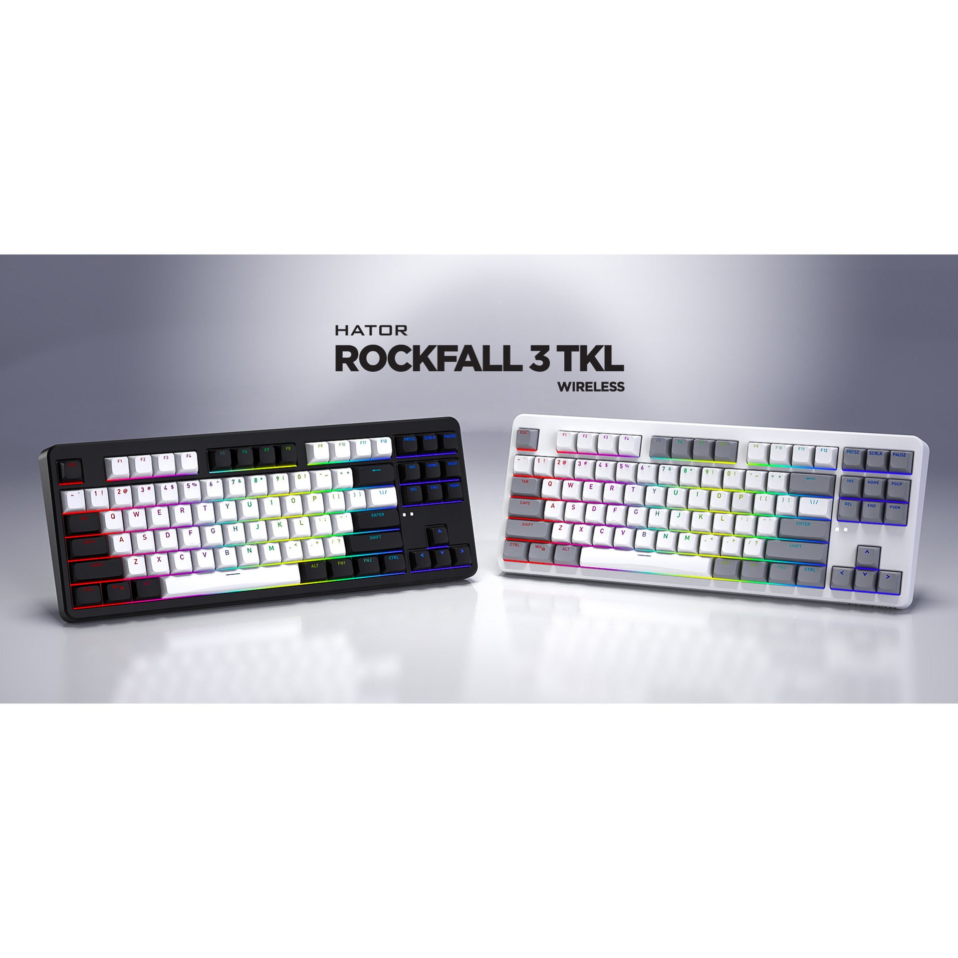 Hator Rockfall 3 TKL Wireless, Gaming-Tastatur (weiß, US-Layout, Hator Aurum Orange, RGB, PBT-Tastenkappen, Hotswap, 2,4 GHz Bluetooth USB-C)