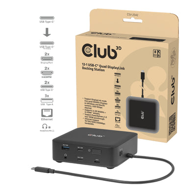 Club 3D 12-1 USB-C® Quad DisplayLink Dockingstation (Schwarz)