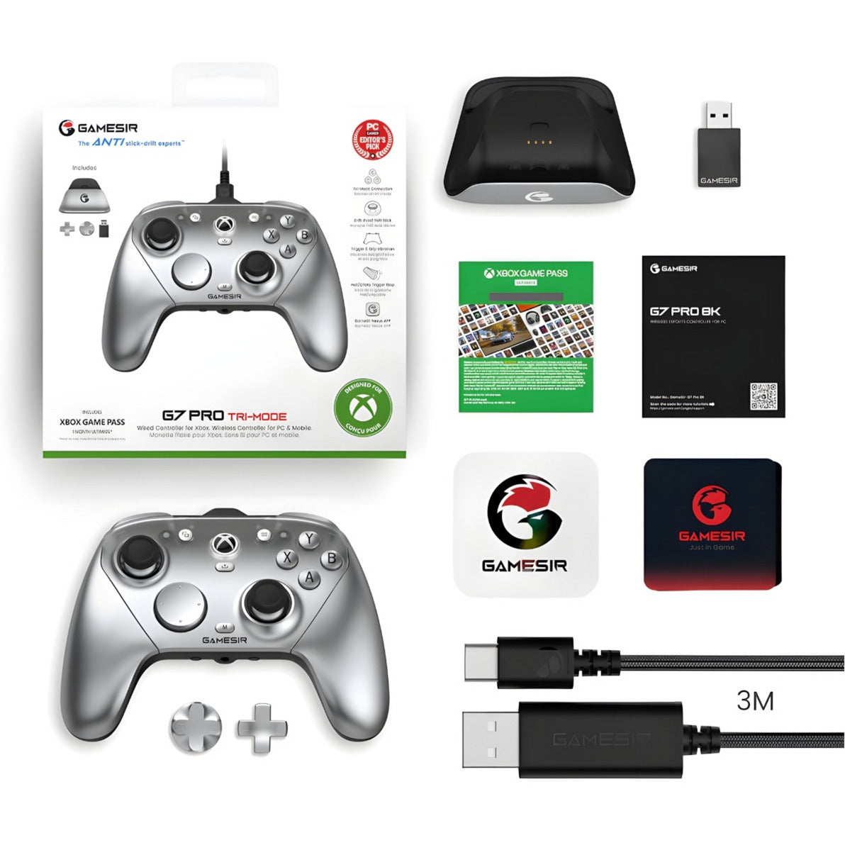 Gamesir g7 pro he Tri-Mode Wireless-Controller – Halbsilber (Silber, USB 2,4 GHz Bluetooth, Xbox Series x|s, Xbox One, PC, Android)
