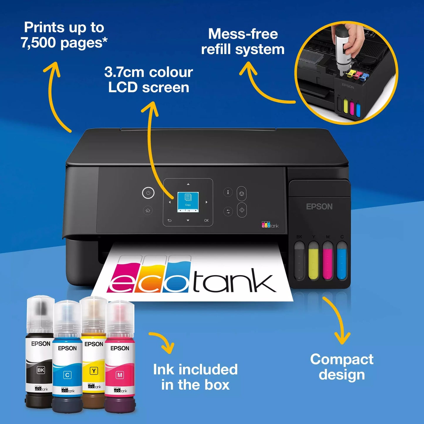 Epson Ecotank et-2922 All-in-One-Tintenstrahldrucker (Schwarz, Scannen, Kopieren, WLAN, inklusive bis zu 3 Jahre Tinte, C11cl63416)