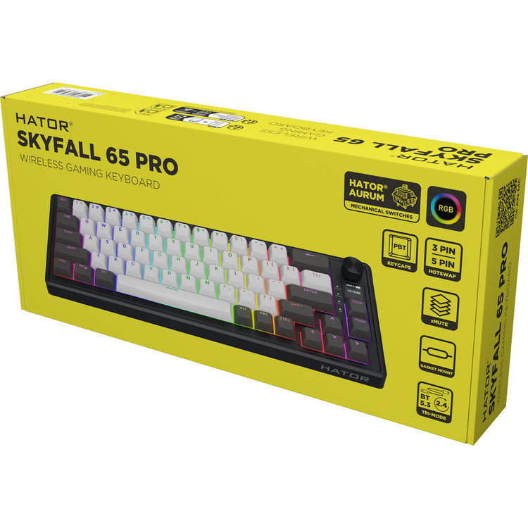 Hator Skyfall Pro Wireless, Gaming-Tastatur (schwarz, US-Layout, Hator Aurum Vanilla Silent, 65 %, RGB, Double-Shot PBT, Hot-Swap, 2,4 GHz Bluetooth USB-C)