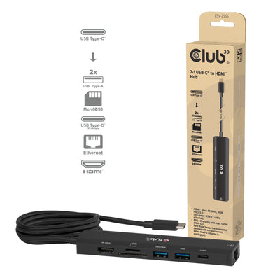 Club 3D CSV-2555 7-1 USB-C-zu-HDMI-Hub (Schwarz, 4K60Hz, PD3.1 140W, USB-A, USB-C, LAN, MicroSD)