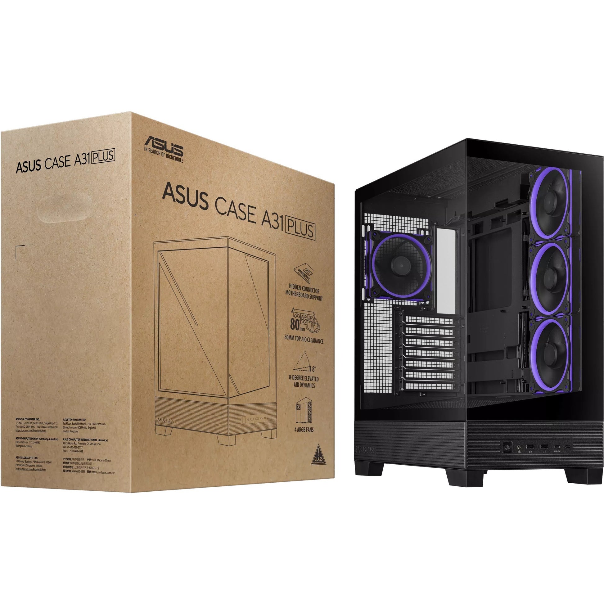 Asus a31 plus Midi-Tower-Gehäuse (schwarz | 2x USB-A | 2x USB-C | gehärtetes Glas)