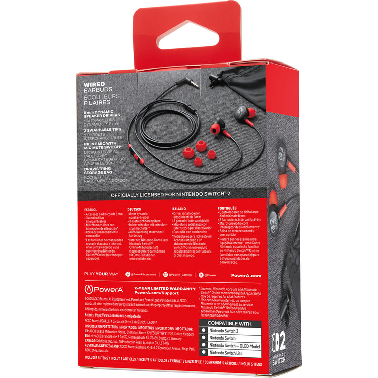 Powera kabelgebundene Ohrhörer für Nintendo Switch 2 In-Ear (schwarz rot, Nintendo Switch 2, Nintendo Switch, Nintendo Switch – OLED-Modell, Nintendo Switch Lite)